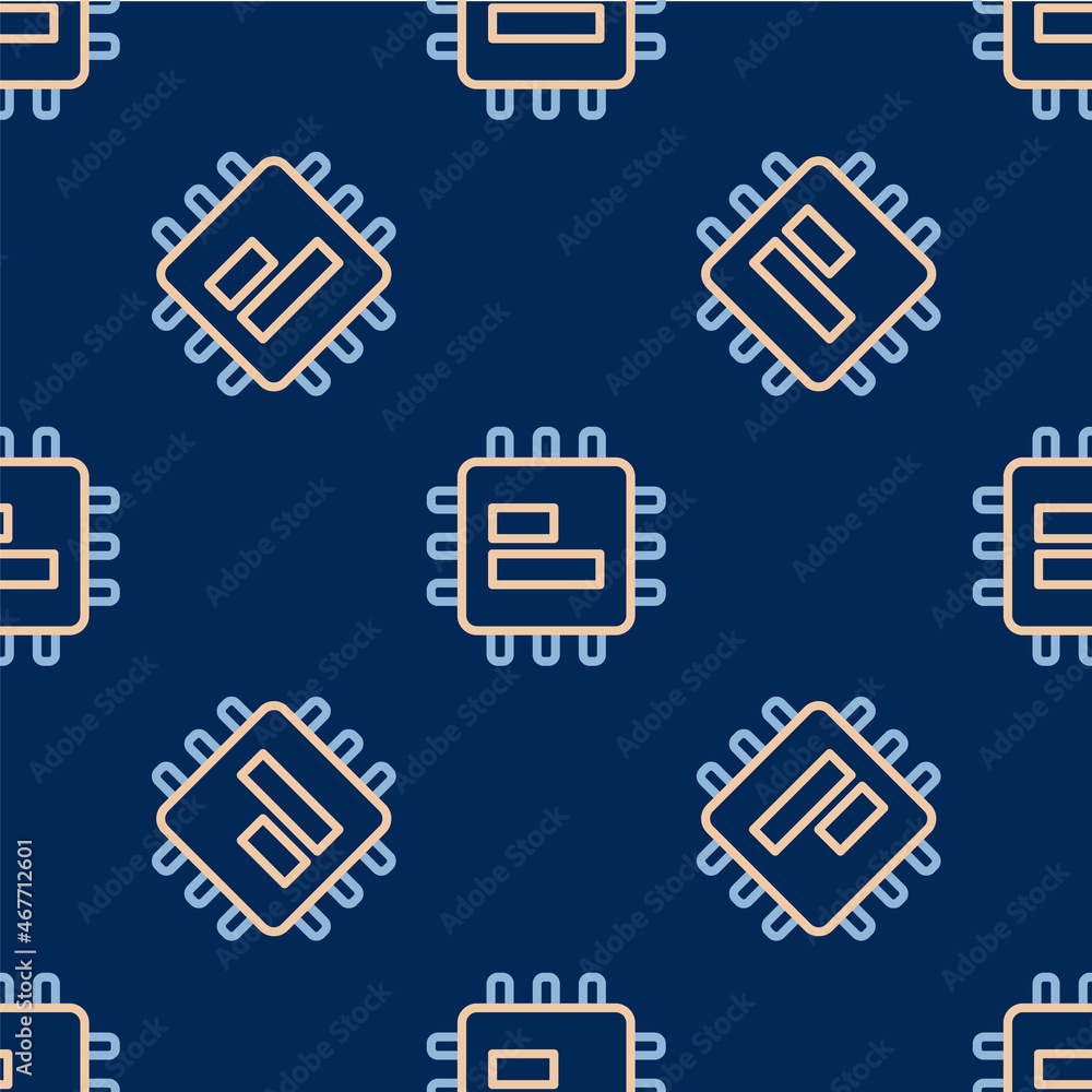 Poster line computer processor with microcircuits cpu icon isolated seamless pattern on blue background. ch