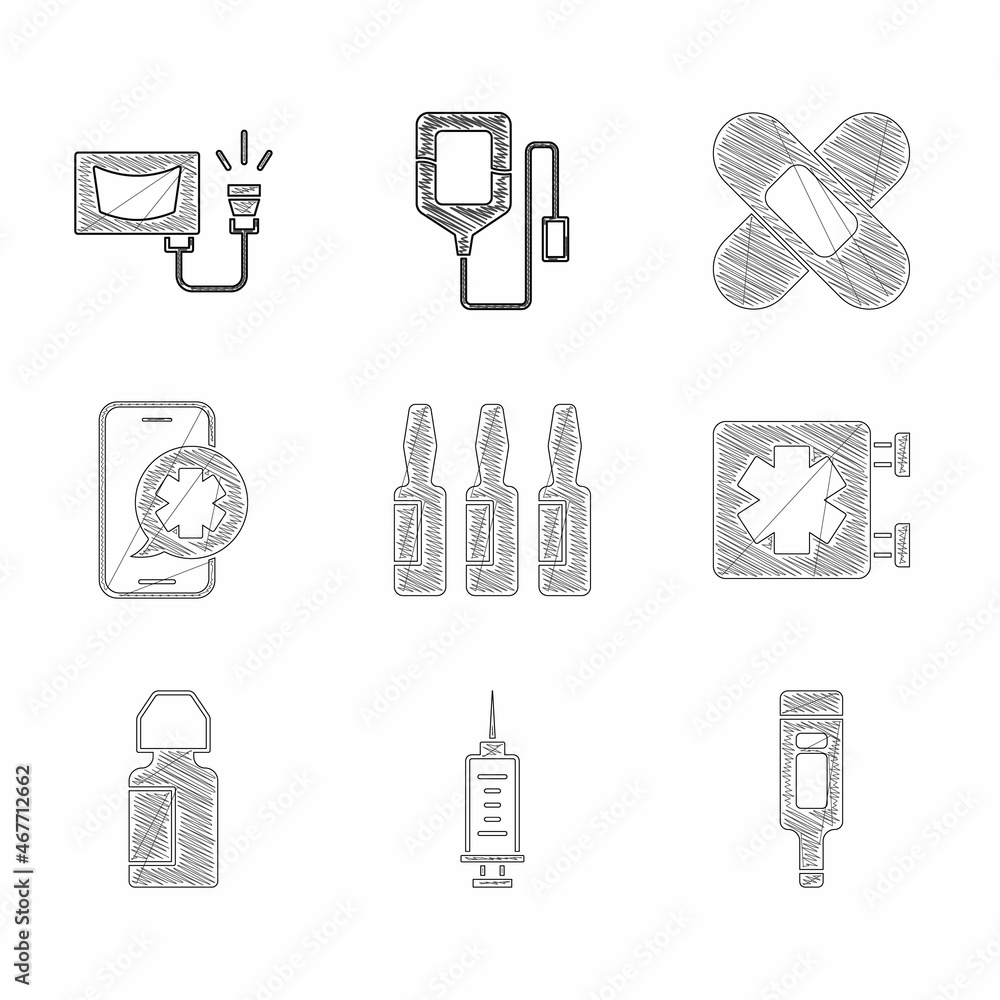 Sticker Set Medical vial, ampoule, Syringe, Digital thermometer, symbol of Emergency, Eye drop bottle, phone call, Crossed bandage plaster and Ultrasound icon. Vector