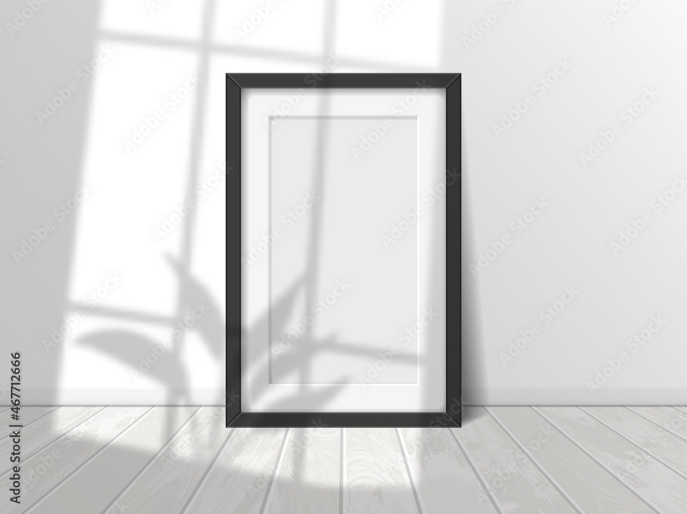 Poster realistic blank picture frame with window shadow overlay effect. interior wall with empty photo or p