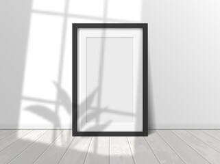 Realistic blank picture frame with window shadow overlay effect. Interior wall with empty photo or poster print border vector mockup. Black border design with light effect for indoor interior