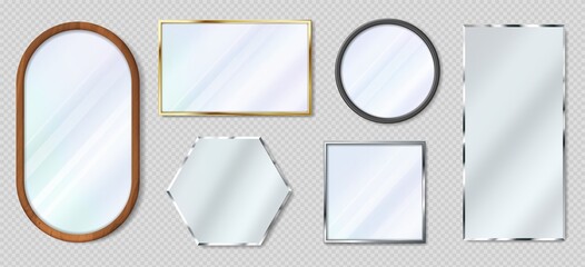 Realistic mirror in various shapes, reflective glass with metal frames. 3d metallic gold and wooden frame mirrors, interior decor vector set. Modern decorative borders isolated set