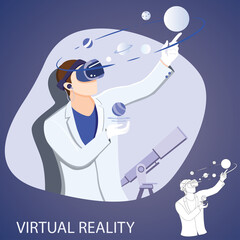 Virtual Reality Worlds, Man in virtual reality glasses on a futuristic technology background. Augmented reality, game, astronomy future technology concept. VR. 