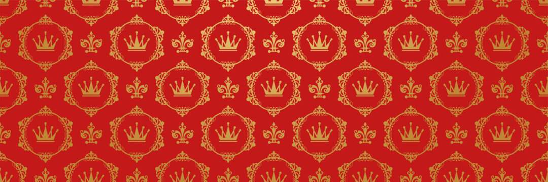 Beautiful background pattern with golden decorative ornament in royal style on red background for your design. Background for wallpaper, textures.