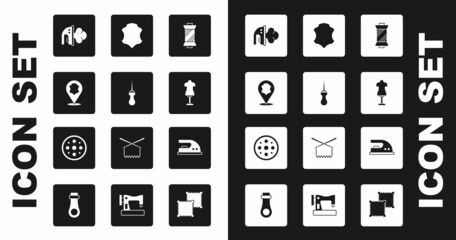 Set Sewing thread on spool, Awl tool, Leather, Electric iron, Mannequin, and button icon. Vector