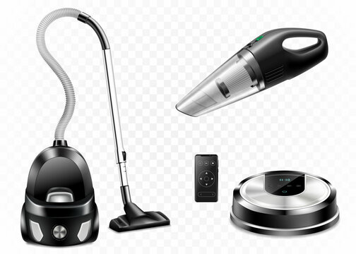 Set of realistic vacuum cleaners of various types isolated on white background, 3d vector illustration. Hand car vacuum cleaner, robotic vacuum cleaner