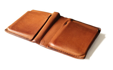 The old wallet brown is empty, no banknotes placed on the white background. Isolate