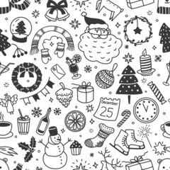 Christmas doodle seamless pattern with hand drawn xmas scribbles. New year, winter holiday season cute doodles vector background texture. Festival wreath, gift boxes and fir trees, santa claus