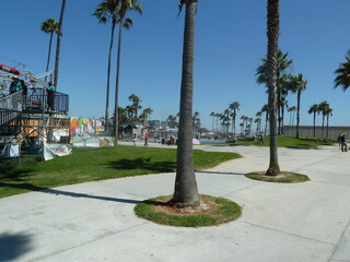 Santa Monica, une grande place d'amusement et de détente entre jaunes, avec de spots pour la pratique de sports tels que le skate ou le vélo, vide et innocupé, avec des oasis