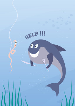 Hungry shark and scared worm underwater. Vector funny cartoon illustration