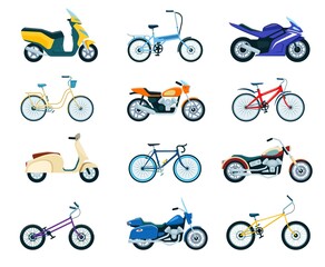 Motorcycles and bikes, bicycle, motorbike, delivery scooter. Various motorcycle vehicle models, sportbike, chopper, road bike flat vector set. Shipping products and traveling or transportation