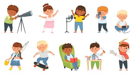 Kids hobbies, cartoon children doing different creative activities. Child characters singing, reading, skateboarding, building robot vector set. Boys and girls spending leisure time