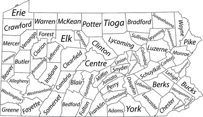 White vector administrative map of the Federal State of Pennsylvania, USA with black borders and name tags of its counties