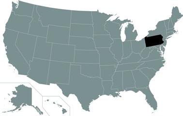 Black highlighted location administrative map of the US Federal State of Pennsylvania inside gray map of the United States of America