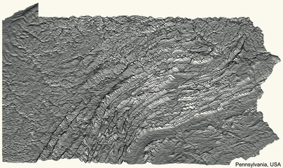 Topographic positive relief map of the Federal State of Pennsylvania, USA with black contour lines on beige background