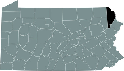 Black highlighted location map of the Wayne County inside gray administrative map of the Federal State of Pennsylvania, USA