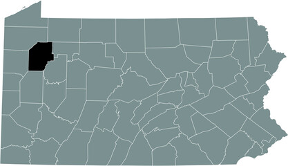 Black highlighted location map of the Venango County inside gray administrative map of the Federal State of Pennsylvania, USA