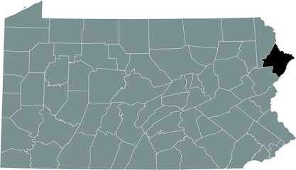 Black highlighted location map of the Pike County inside gray administrative map of the Federal State of Pennsylvania, USA