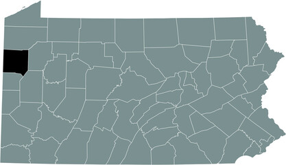 Black highlighted location map of the Mercer County inside gray administrative map of the Federal State of Pennsylvania, USA