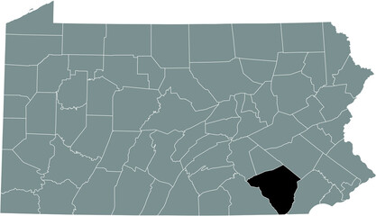 Black highlighted location map of the Lancaster County inside gray administrative map of the Federal State of Pennsylvania, USA