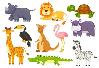 Cartoon funny african animals, wild safari animal. Cute zebra, rhino, flamingo, giraffe, crocodile, kangaroo, lion, jungle wildlife vector set. Cute exotic fauna, zoo characters isolated on white