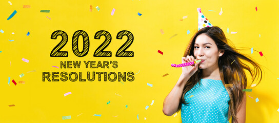 2022 New Years Resolutions with young woman with party theme on a yellow background