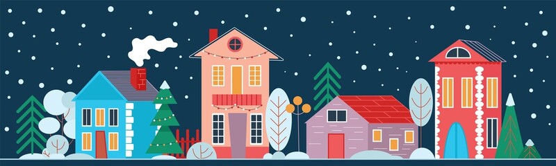 Naklejka premium Vector colored tiney houses christmas banner street