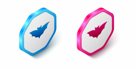 Isometric Flying bat icon isolated on white background. Happy Halloween party. Hexagon button. Vector