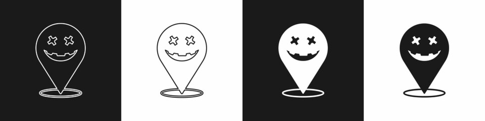 Set Happy Halloween holiday icon isolated on black and white background. Vector