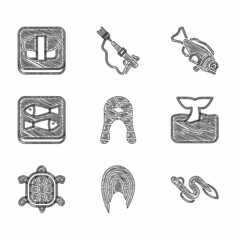 Set Fish steak, Eel fish, Whale tail in ocean wave, Turtle, Canned, and Sushi on cutting board icon. Vector
