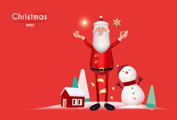 Merry Christmas and Happy New Year 3D concept with Santa Claus, Snowman, house and fir trees. Cute toy design.