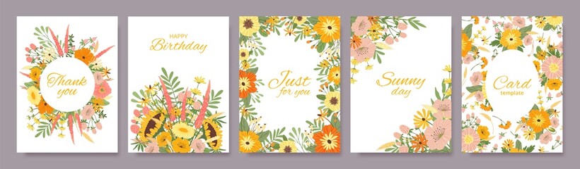 Floral greeting cards with spring blossom flowers, botanical pattern card. Wildflowers background birthday invite, poster template vector set. Bright blooming branches with leaves and text