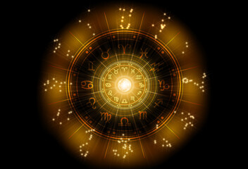 Zodiac signs inside of horoscope circle. Astrology in the sky with many stars and moons astrology and horoscopes concept.