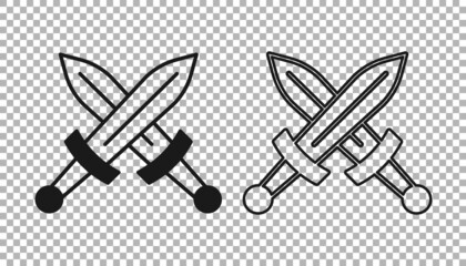 Black Crossed medieval sword icon isolated on transparent background. Medieval weapon. Vector