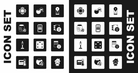 Set Smart coffee machine, Digital door lock, Voice assistant, Processor with CPU, Air humidifier and Vacuum cleaner icon. Vector