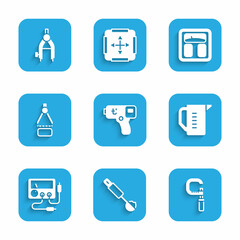 Set Digital thermometer, Measuring spoon, Micrometer, cup, Multimeter, voltmeter, Drawing compass, Bathroom scales and icon. Vector