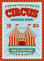Vintage circus poster template, funfair invitation flyer. Retro amazing magic show invite banner, carnival event announcement vector illustration. Performance or festival advertisement - obrazy, fototapety, plakaty