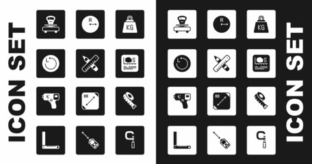 Set Weight, Crossed ruler and pencil, Radius, Scales, Area measurement, Measuring tape and Digital thermometer icon. Vector