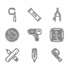 Set Digital thermometer, Medical, Measuring tape, Area measurement, Crossed ruler and pencil, Radius, Drawing compass and Micrometer icon. Vector