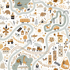 Wereldkaart voor kinderen. Reis rond de wereld speelmat voor kinderen. Baby land kaart vector naadloze patroon. Kindertapijt met schattige doodle wegen, natuur, stad, dorp, bos, zee en wilde dieren enz.