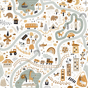 Children's World Map. Travel around the world play mat for Kids. Baby land map vector seamless pattern. Kid carpet with cute doodle roads, nature, city, village, forest, sea and wild animals etc. 