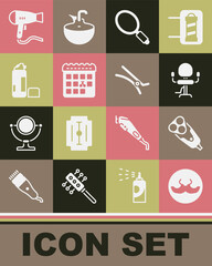 Set Mustache, Electric razor blade, Barbershop chair, Hand mirror, Calendar with haircut day, Shaving gel foam, Hair dryer and clip icon. Vector