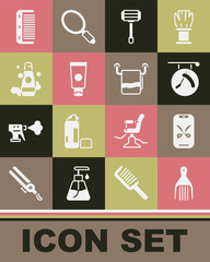 Set Barrette, Barber online service or platform, Barbershop with razor, Shaving, Cream cosmetic tube, Bottle of shampoo, Hairbrush and Towel hanger icon. Vector