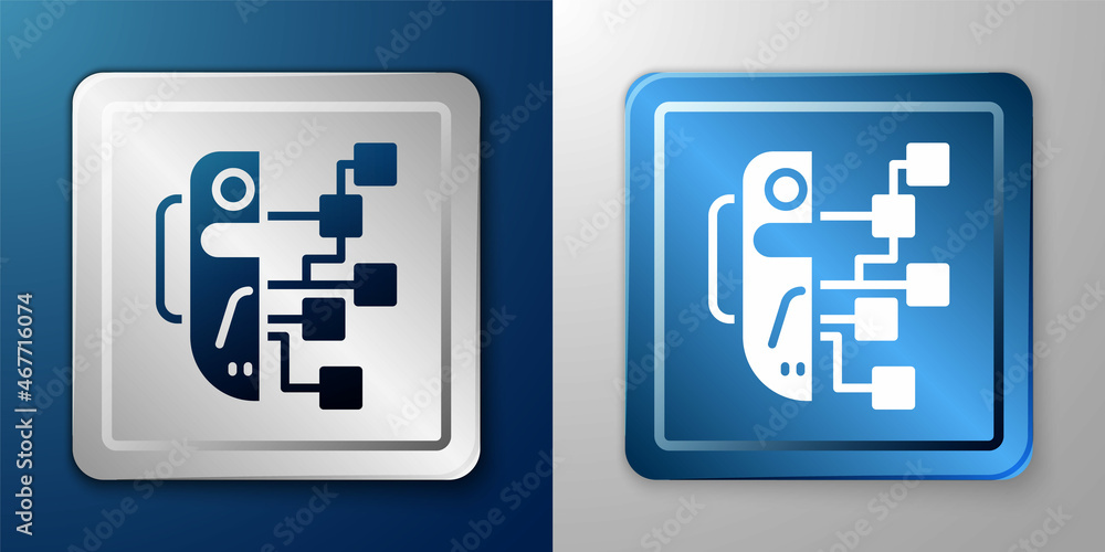 Poster white humanoid robot icon isolated on blue and grey background. artificial intelligence, machine lea