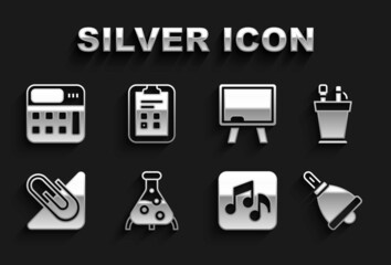 Set Test tube and flask, Pencil case stationery, Ringing bell, Music note, tone, Paper clip, Chalkboard, Calculator and Exam sheet with check mark icon. Vector