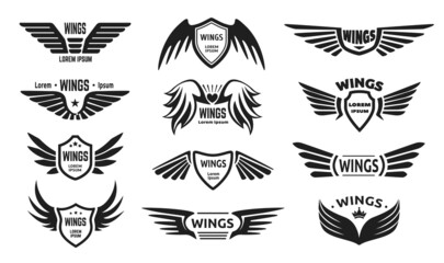 Eagle wing logo, wings with shield badge, pilot winged emblem. Black military insignia, flying falcon army label, angel wings logos vector set. Feathered stylized tattoo or logotype - obrazy, fototapety, plakaty