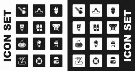 Set Swimsuit, Aqualung, Sunscreen cream in tube, Meteorology thermometer, Bodybuilder muscle, Tourist tent, Barbecue grill and Signboard with text Hotel icon. Vector