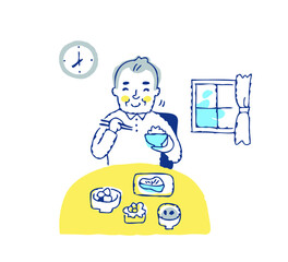 笑顔で朝食を食べるシニア男性