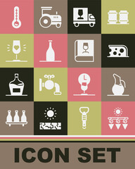 Set Drying grapes, Decanter for wine, Cheese, Wine truck, Bottle of, glass, Meteorology thermometer and Book about icon. Vector
