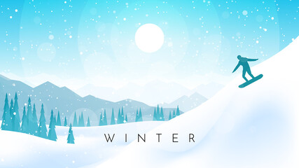 Winter landscape. Snowboarding in the mountains. Adventures, hiking, tourism. Travel concept of extreme, active winter sport. Minimalist polygonal flat design graphic poster. Vector illustration