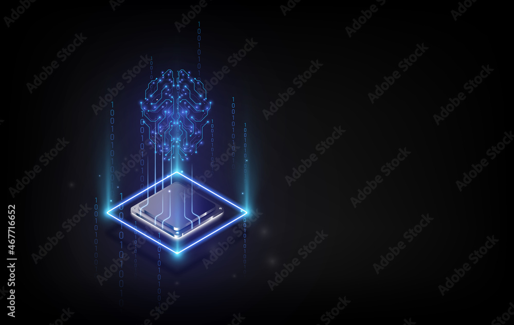 Poster artificial intelligence hardware concept. glowing blue brain circuit on microchip on computer mother